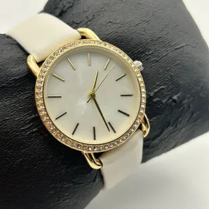 Women’s Gold-tone Crystal Bezel Mother Pearl Dial White Band Minimalist Watch thumbnail 3