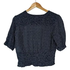Abercrombie & Fitch Smocked Waist Polka Dot Puff Sleeve Blouse Navy Blue Size M thumbnail 4