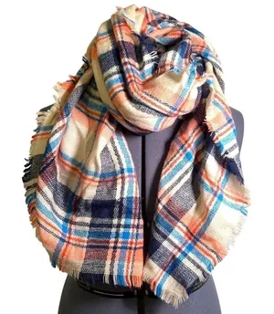 Women's Blanket Oversized Scarf Cream White Red Blue Navy Plaid Frayed Hem thumbnail 1