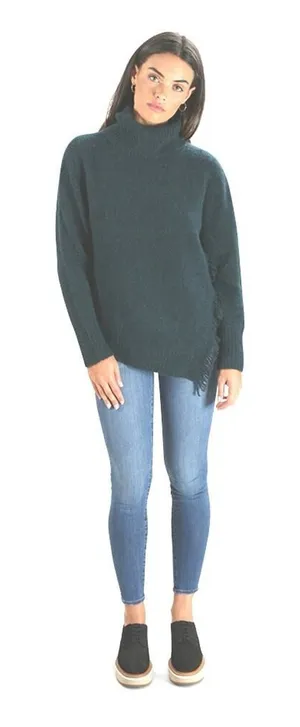 3.1 Phillip Lim Dark Green Wool Blend Turtleneck Fringe Sweater thumbnail 1