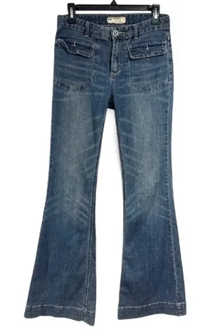 Free People Jeans Womens 26 Blue Denim Pockets Mid Rise Flared Grunge Hippie Y2K thumbnail 1