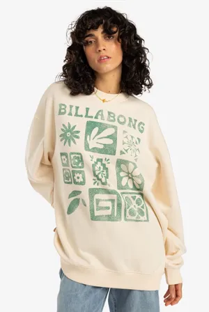 Billabong Women’s Ride In Oversized Graphic Crewneck Sweatshirt Off White Size M thumbnail 1