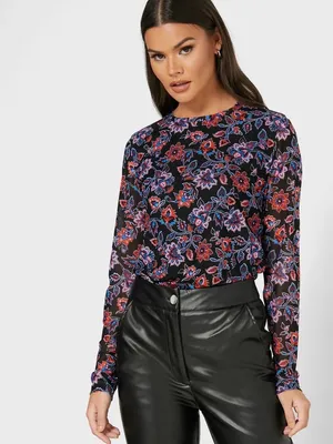 Banana Republic • floral print long sleeve mesh tee knit top blouse black sheer thumbnail 4