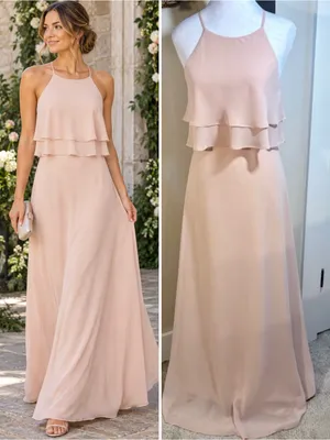 💥Jenny Yoo Charlie Blush Chiffon Ruffle Halter Bridesmaid Maxi Gown Sz 2 🧡 thumbnail 2