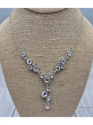 Crystal Y Drop Necklace Silver Tone Chain Formal Jewelry 19" thumbnail 4