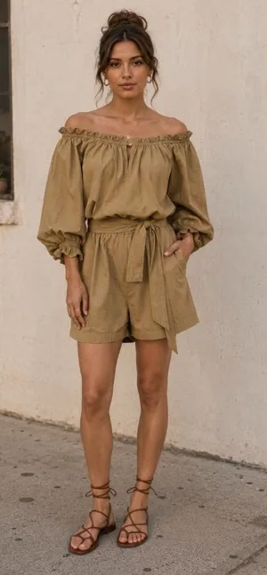 Lauren Ralph Lauren Off-the-Shoulder Cotton Broadcloth Romper Camel 16 Safari thumbnail 1