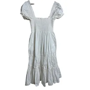 O.P.T Daphne Smocked Square Neck Puff Sleeve Cotton Dress size L Midi White thumbnail 2