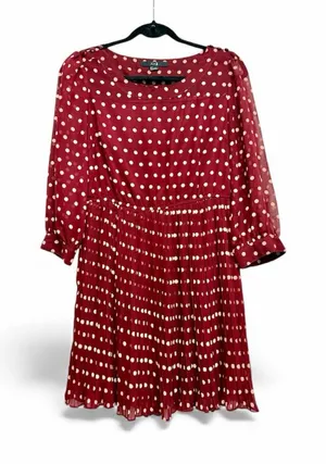 Forever 21 Maroon Polka Dot Boat Neck Dress with Pleated Skirt & Buttons Sz SP thumbnail 1