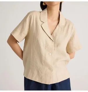 Quince 100% Linen Button Down Top in Tan Size Small thumbnail 1