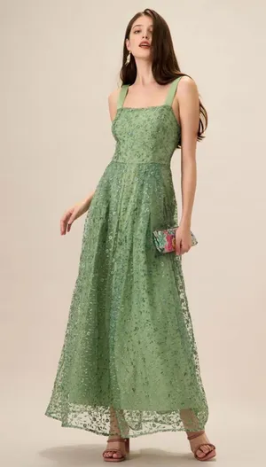 RIHOAS Women's Green Embroidery Mesh Slip Maxi Dress XS thumbnail 1