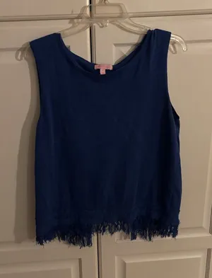 Lilly Pulitzer Blue Linen Cotton Knit Fringe Hem Crossover Back Tank Top Small‎ thumbnail 1