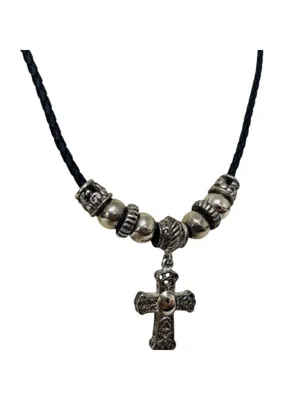 Brighton Silver Cross and Black Leather Necklace thumbnail 3