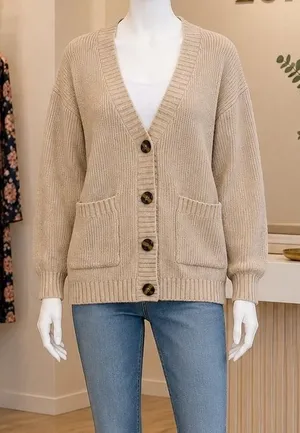 RSQ Womens Cardigan Tan Ribbed Knit Button Front Pocket Small thumbnail 1