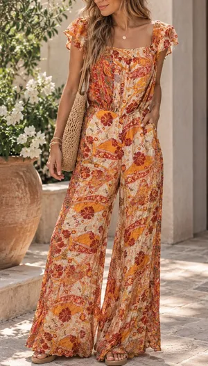 Free People Orange Bohemian Floral Print Smocked Wide Leg Jumpsuit Small thumbnail 1