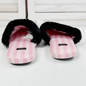 Victoria's Secret Faux Fur Trim Striped Slippers Pink Black‎ Large thumbnail 4