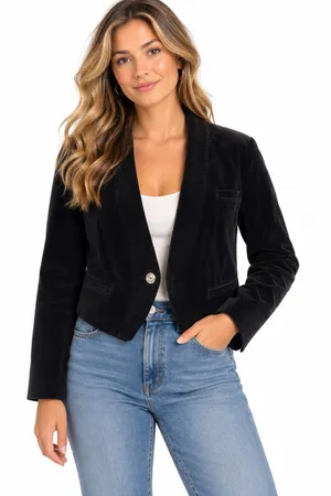 Anthropologie Black Velvet Cropped One Button Closure Jacket thumbnail 1