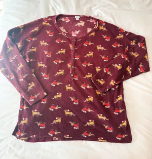 Aerie Dark Red Waffle Knit Henley Dog Patterned Long Sleeve Lounge Top Size XS thumbnail 1
