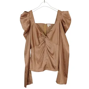 Revolve TCEC Cream Satin Puff Shoulder Blouse Wrap Front Medium thumbnail 3