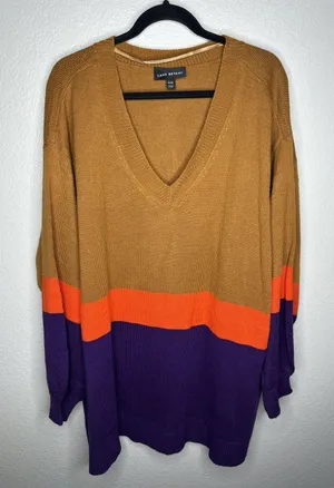 Lane Bryant Sweater Womens 26/28 Brown Orange Purple V Neck Colorblock Pullover thumbnail 1