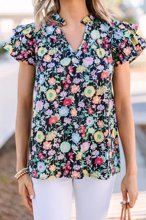 Entro Floral Ruffle Poplin V‎ Neck Blouse Size Large thumbnail 1