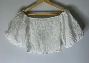 NWT H&M smocked puff short‎ sleeve crop blouse white boho festival cottagecore S thumbnail 1