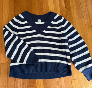 Navy and White Striped Sweater V Neck thumbnail 1