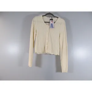 Celebrity Pink L Cream Cardigan Pointelle Ribbed Scallop Trim Long Sleeve NWT thumbnail 2