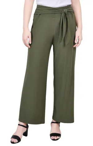 NWT Ny Collection Womens Tie Front Knit Sash Pants PITP0788S Oil Green PL thumbnail 1