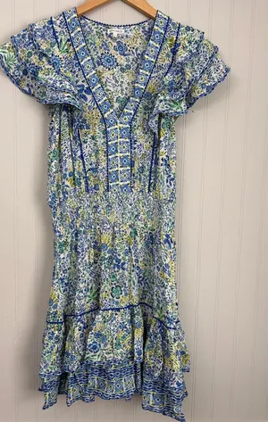Poupette St Barth Short Sleeve Tiered Mini Dress Women Size Small Blue Green thumbnail 1