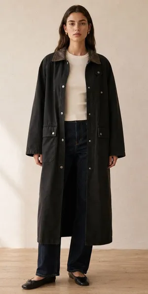 Vintage 90s Black Cotton Maxi Barn Jacket Leather Collar Oversized Small thumbnail 1