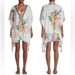 Z&L Europe Floral Textured Pom-Pom Open Front Pattern Airy Caftan Cover Up Sz L thumbnail 4