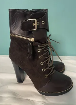 Italina Brown Suede Ankle Boots Gold Zipper and Buckle Size 7.5M‎ thumbnail 1