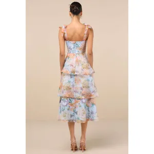Lulus Playfully Posh Blue Floral Organza Tie-Strap Tiered Midi Dress Medium NWT thumbnail 3