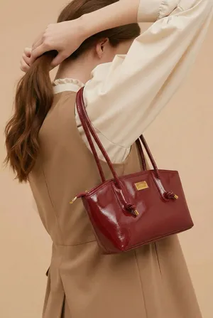Vintage Style Red Patent Faux Leather Shoulder Bag with Knot Detail thumbnail 1