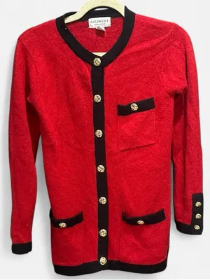 Vintage 100% Cashmere Red Cardigan Black Trim Gold Buttons Small thumbnail 9
