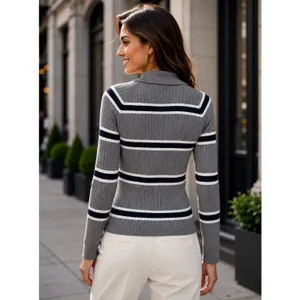 BOHME Striped Polo Henley Sweater Gray Navy Blue White Buttons Pullover Large thumbnail 7