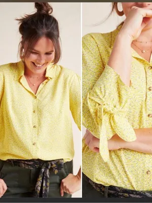 Maeve Anthropologie Blithe Button-Down Top size 12 Bow Detail Sleeve peasant thumbnail 9
