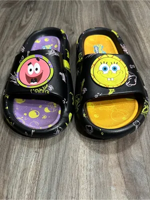 Ground up SpongeBob & Patrick Black Slide Sandals - Fun Yellow & Purple Insole. thumbnail 6