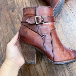 Frye • Patty Riding Bootie brown leather Redwood ankle boot heeled strap buckle thumbnail 10