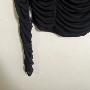 Women's Ruched Cut Out Top Blouse Long Sleeve Black Cropped Sheer Mesh thumbnail 4