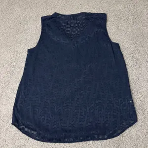 Ann Taylor Navy Blue Sleeveless Blouse Geometric Jacquard Ruffle Neck Top Large thumbnail 2