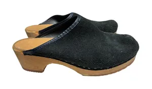 Holie Suede Wooden Clogs Black Slip On Mules Size 7 70s Boho Vintage thumbnail 1