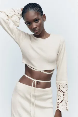 Zara Women's Cream Ecru Crochet Knit Boho Long Sleeve Cut Out Crop Top Size S thumbnail 1