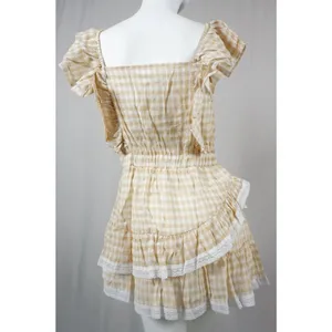 MABLE Gingham Plaid Checkered PeasantRuffle Sleeve Dress Womans Medium thumbnail 3