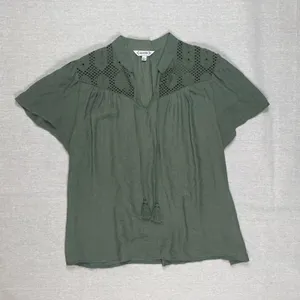 Nanette Lepore | Olive Green Lace Yoke Short Sleeve Top | Large thumbnail 1