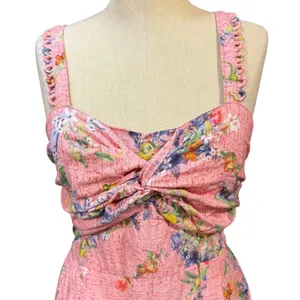 Ranna Gill S Len Scallop Romper Pink Floral Linen Smocked Garden Brunch Bohemian thumbnail 6