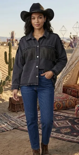 Denim Jacket Black Fringed Western Women’s Size S Embellished Festival Coachella thumbnail 1