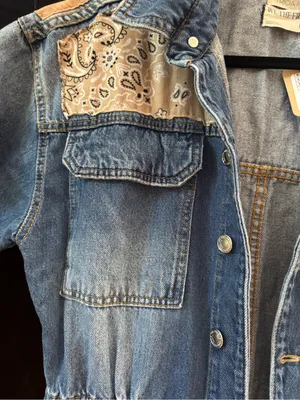 We The Free Blue Denim Short-Sleeve Jumpsuit with Tan Bandana Panels thumbnail 9