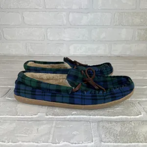 J Crew Slippers Womens 8 Green Blue Plaid Faux Shearling Fur Lining Moccasin thumbnail 3
