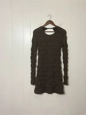 Free People Paulie Textured Open Back Mini Dress Brown M Bodycon Long Sleeve thumbnail 3
